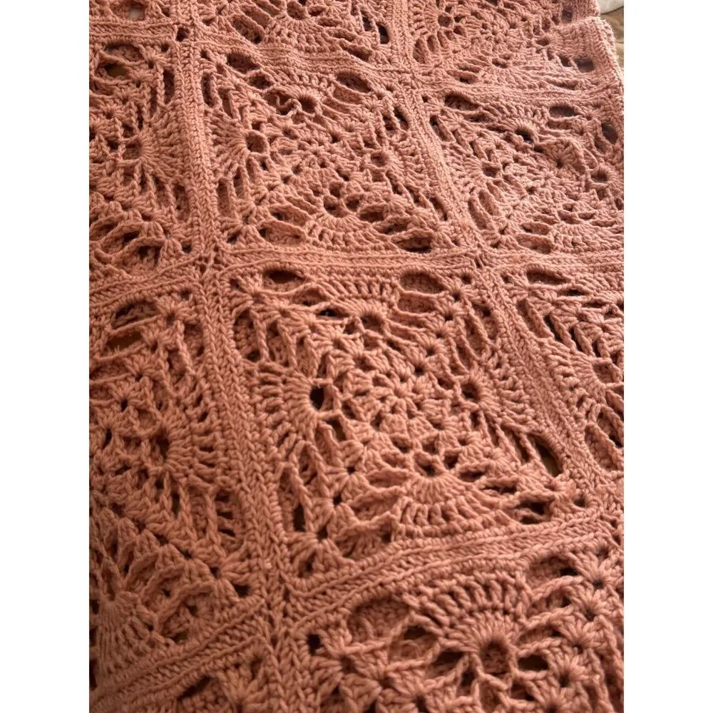Vintage Style Handmade Crochet Blanket Pink Floral Medallion Cottagecore 64x80